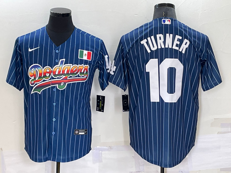 Men's Navy Los Angeles Dodgers #10 Justin Turner Mexico Rainbow Cool Base Stitched Baseball Jersey